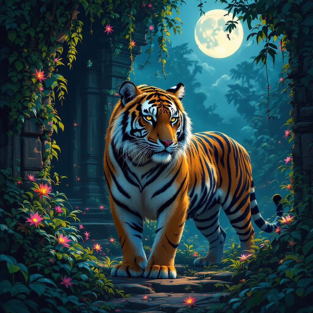 Majestic Tribal Tiger Guarding Jungle Temple