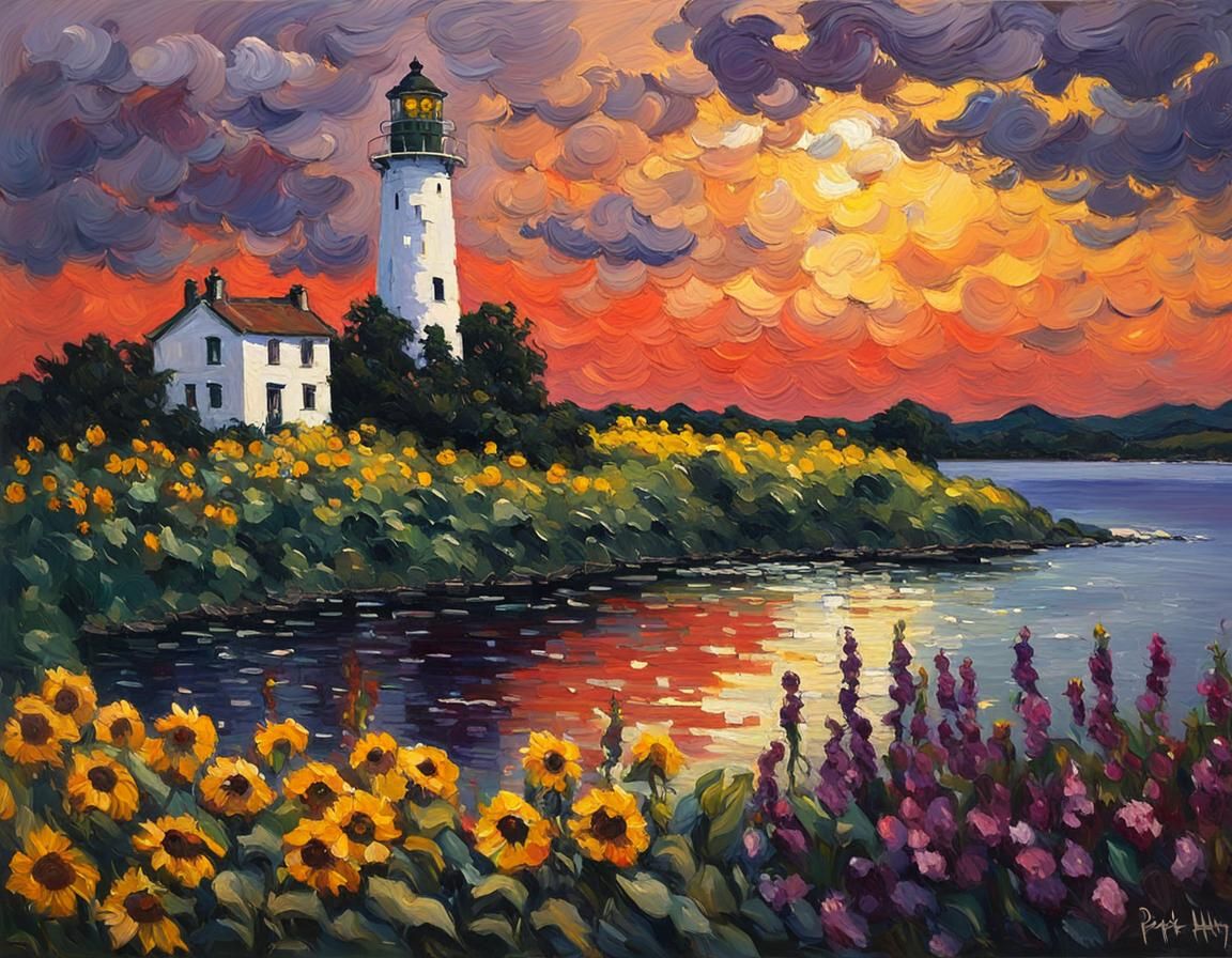Lighthouse Landscape Painting with Impasto Technique
