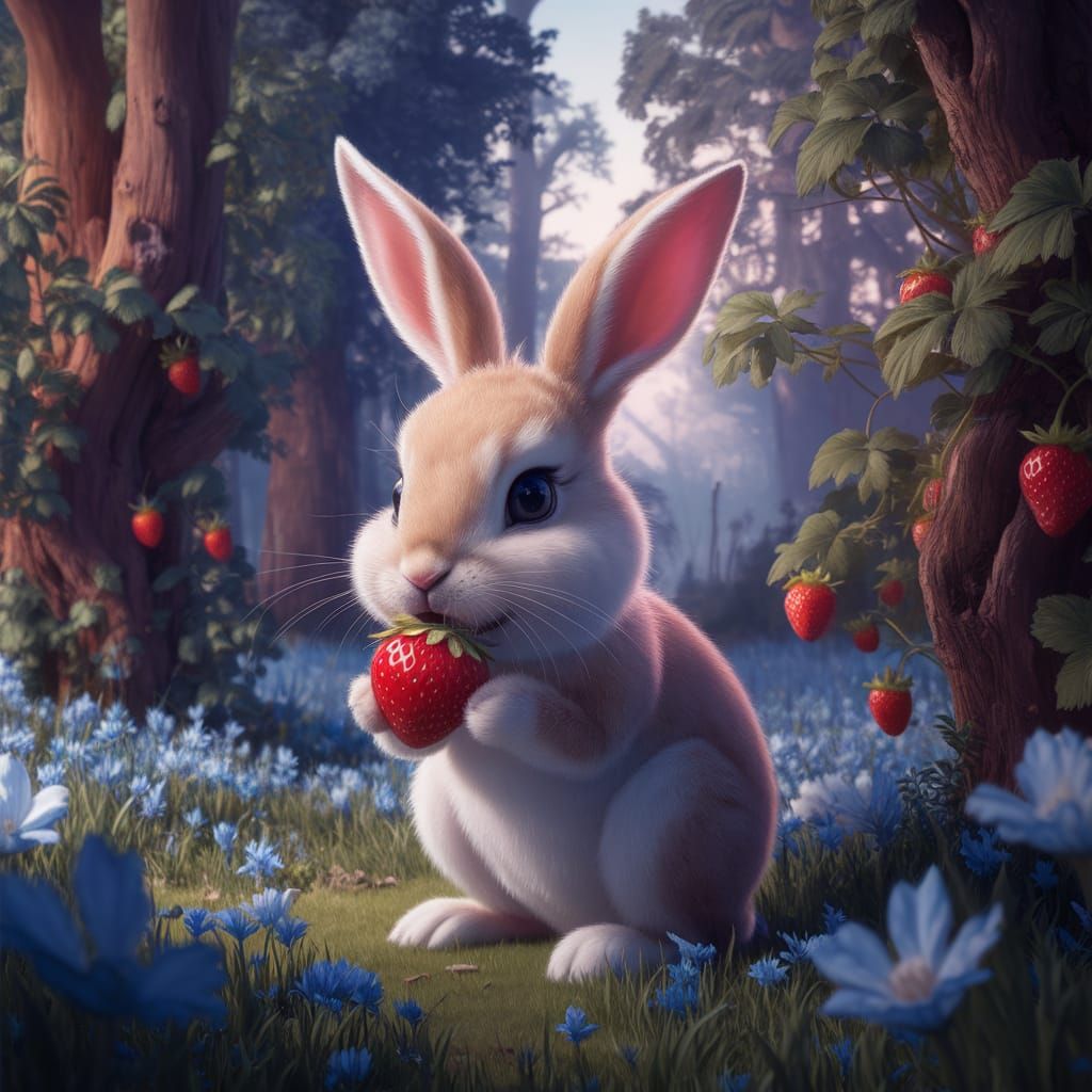 Cute Bunny in Forest Eating Strawberry, Matte Painting