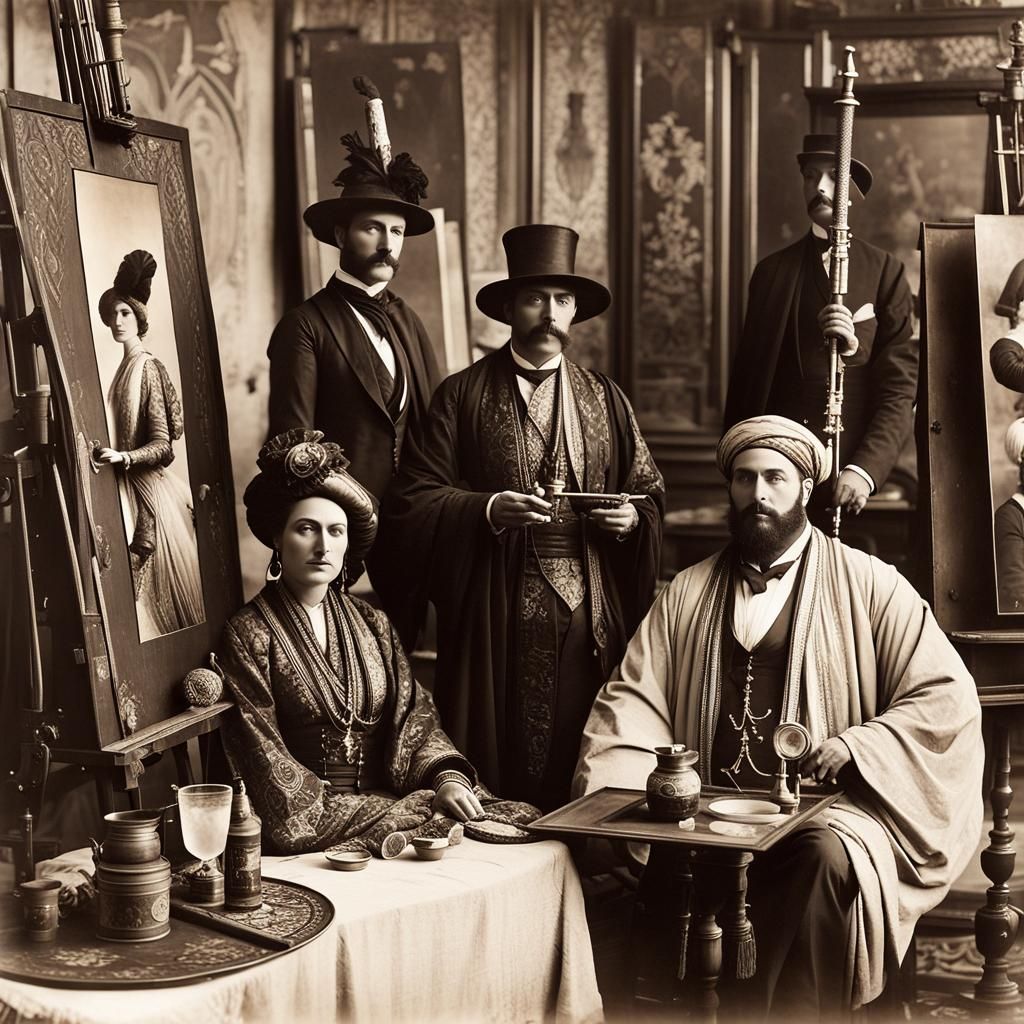 Bohemian Gathering with Oriental Hats in Sepia Tone