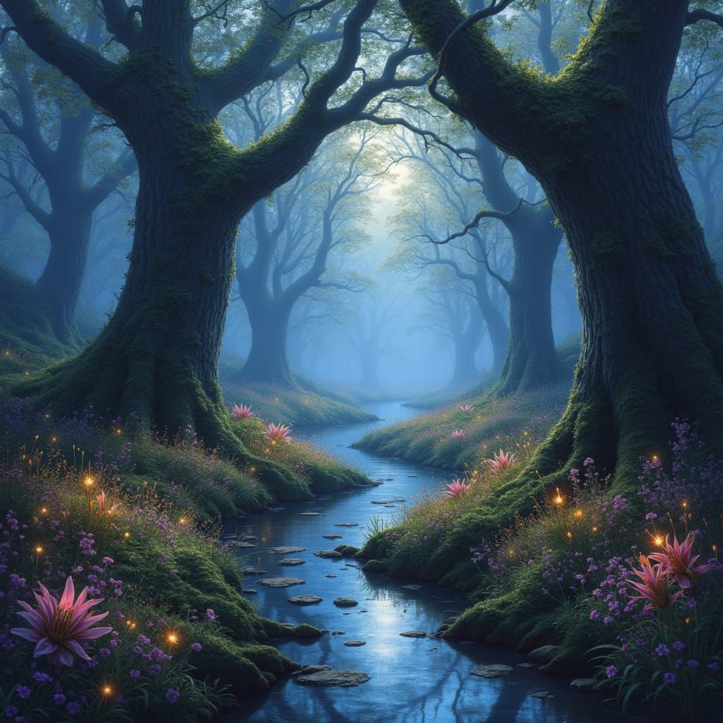 Ethereal Twilight Glade with Glowing Flora