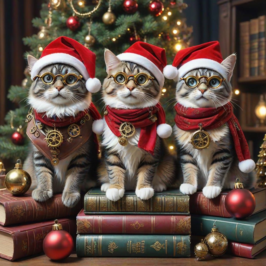 Steampunk Christmas Cats in a festive library