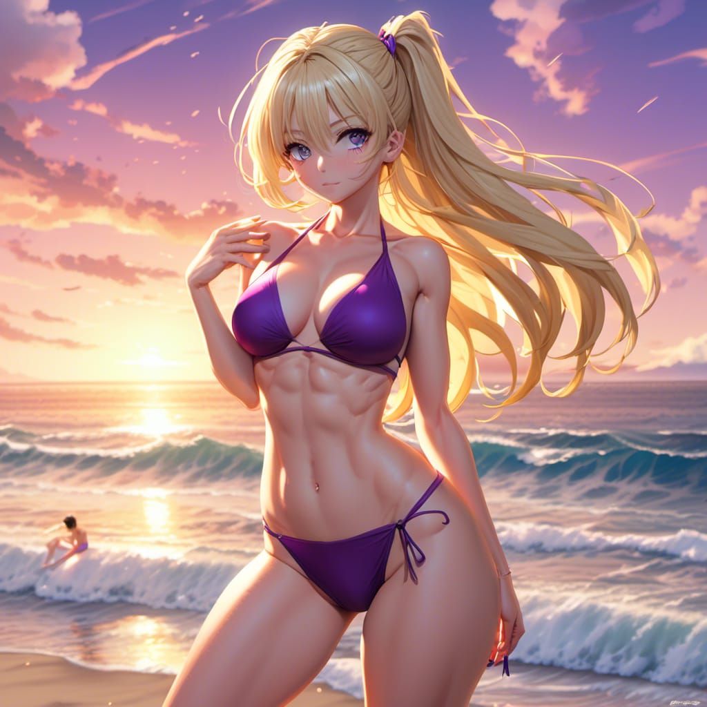 Anime Style Blonde Woman on Beach at Sunset