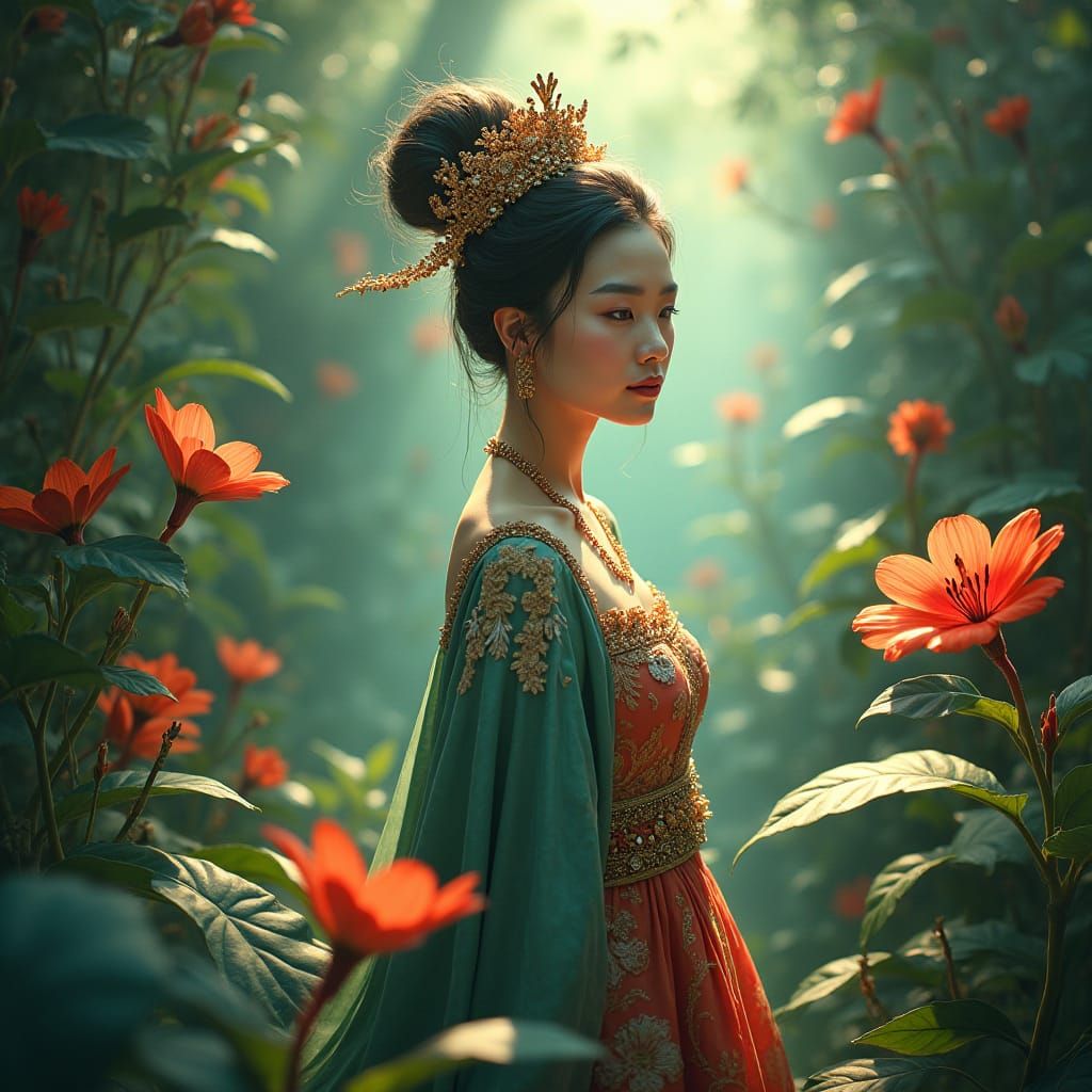 Oriental Princess in a Serene Garden: Matte Painting