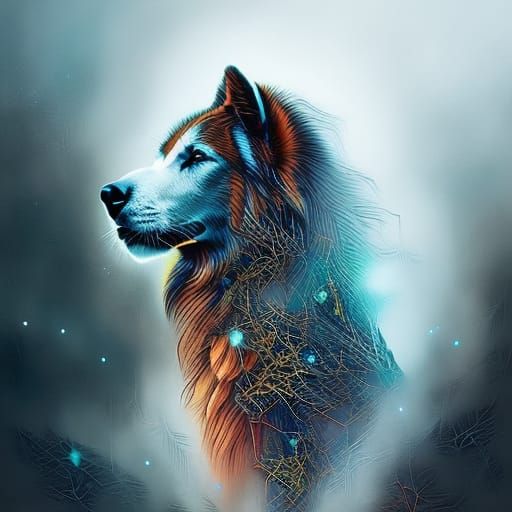 Elegant Furry Dog Portrait in Vibrant Digital Art