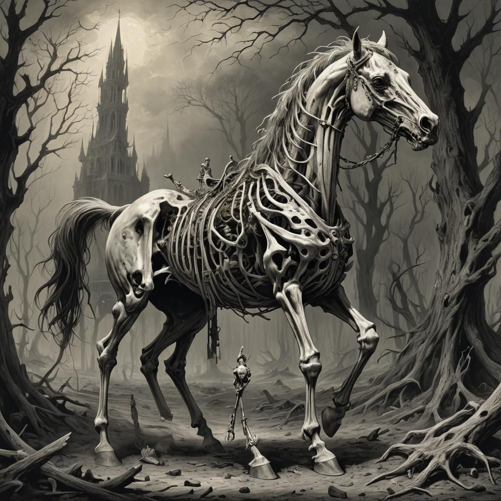 Creepy Bone Horse in Dark Horror Style