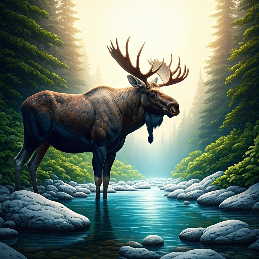 Majestic Moose in Mystical Stream: Splash Art