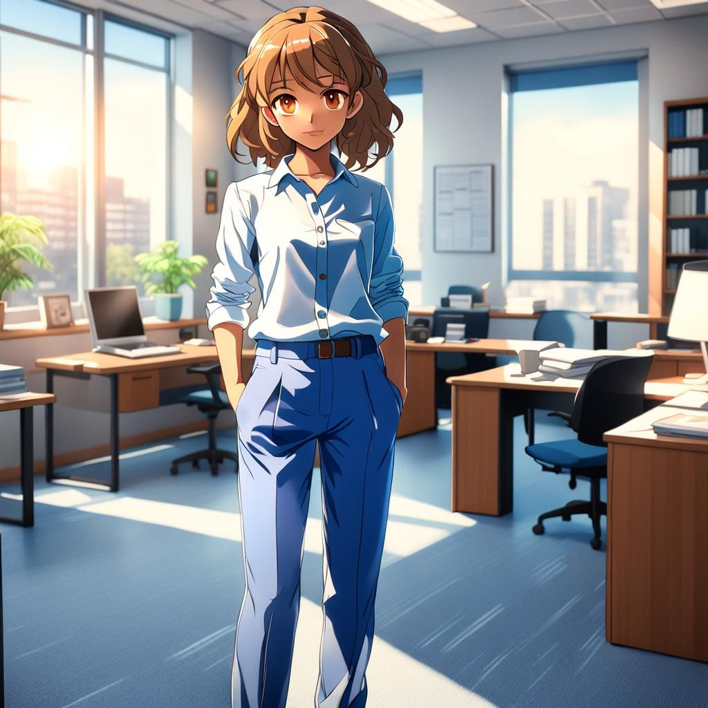 Anime Woman in French Blue Trousers, Photorealistic Style