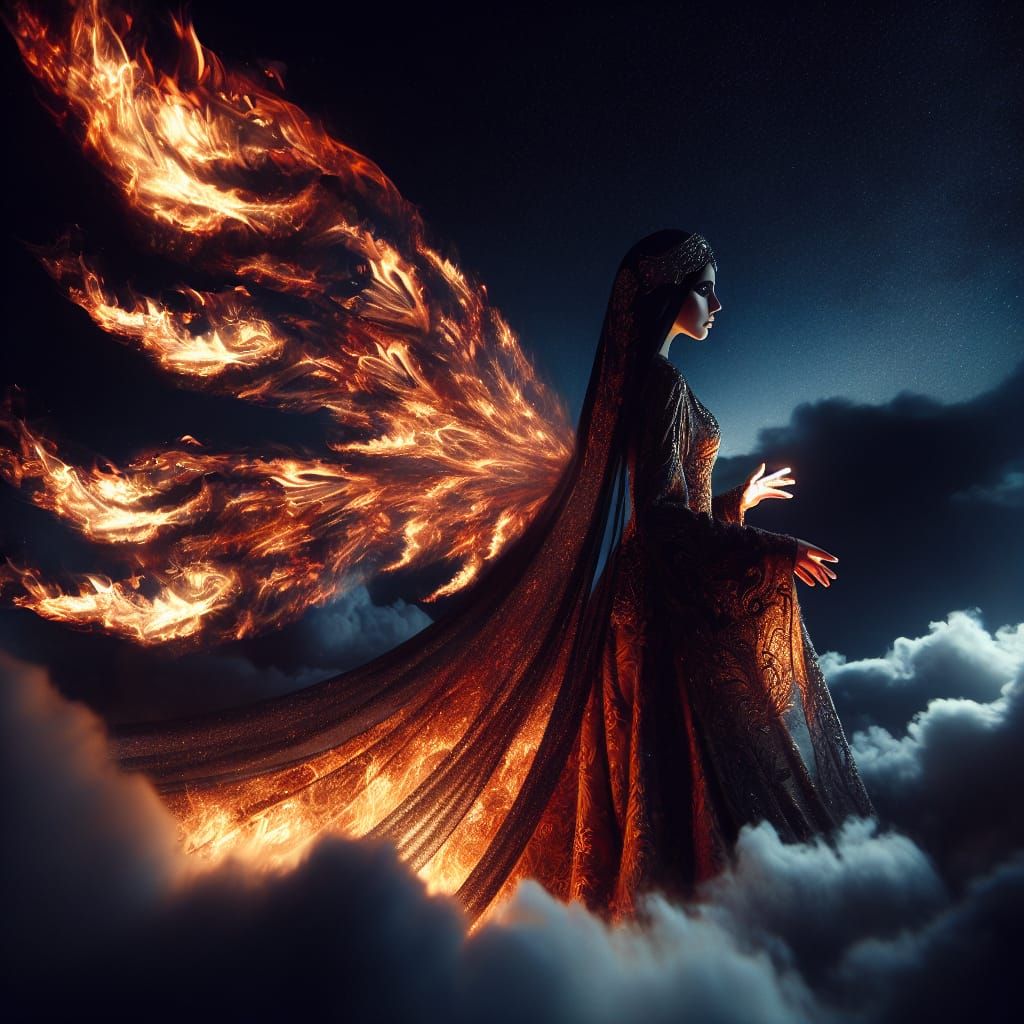 Fiery Angel Woman in the Night Sky