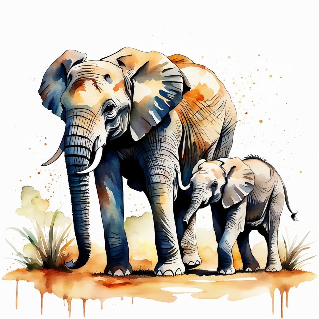 Watercolor Painting of Elephants in Savanna