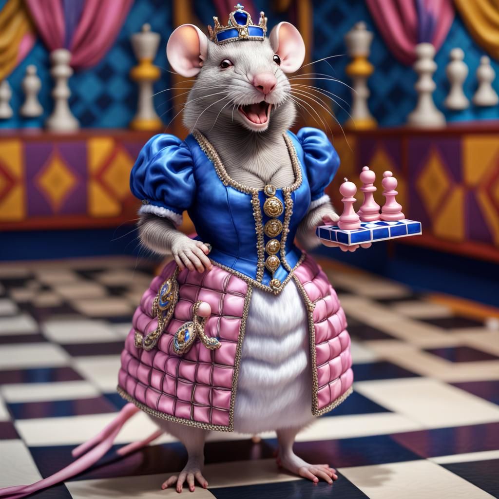 Laughing Rat Lady on Chessboard in Vivid Color