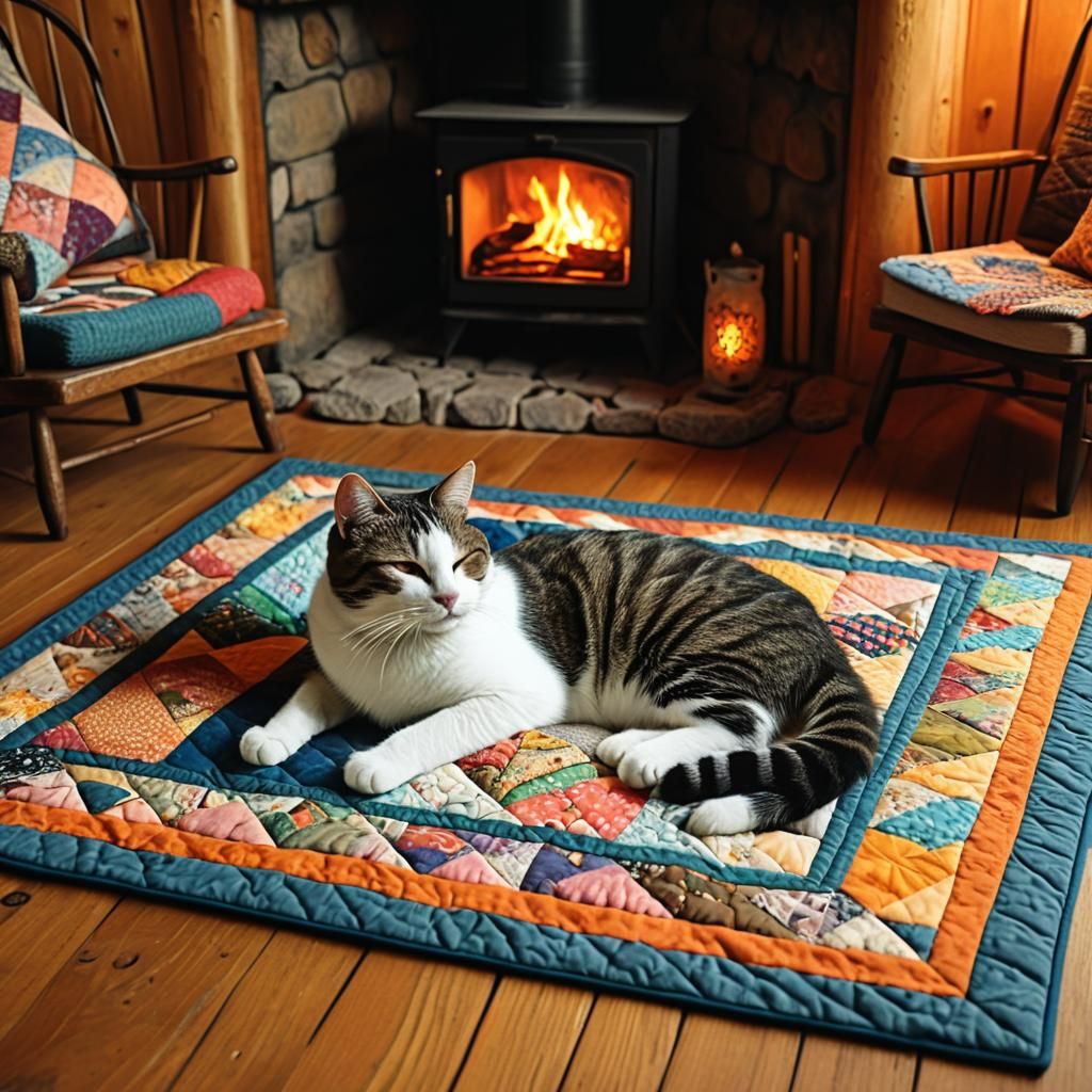 Quilted Cat Napping in Cozy Cabin: Zentangle Folk Art