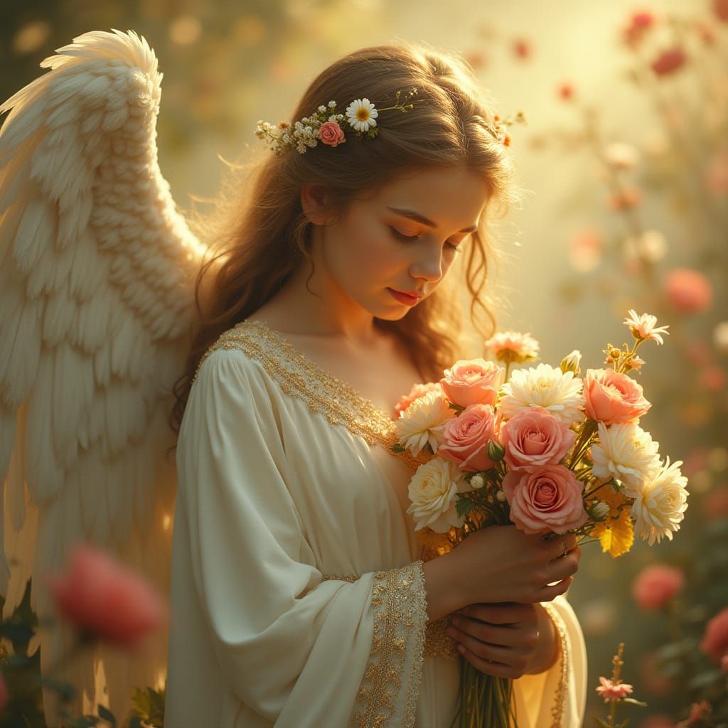 Angel Gathering Heavenly Flowers in Surreal Style