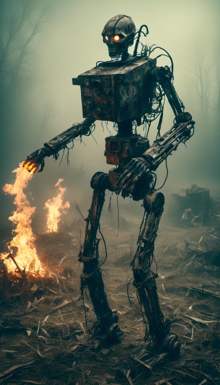 Macabre Farm Horror: Humanoid Robot with Flamethrower