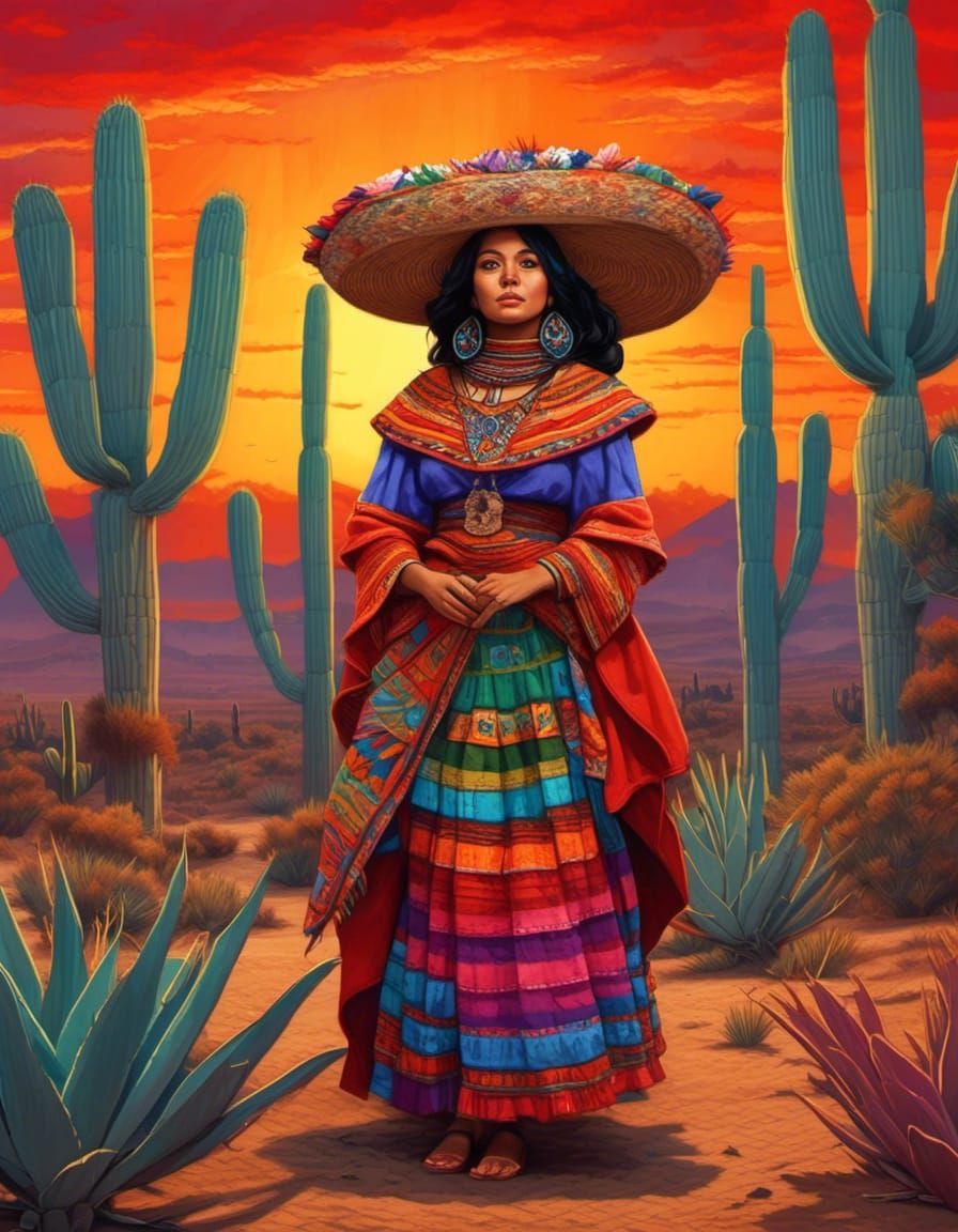 Mexican Woman in Traditional Dress at Sunset