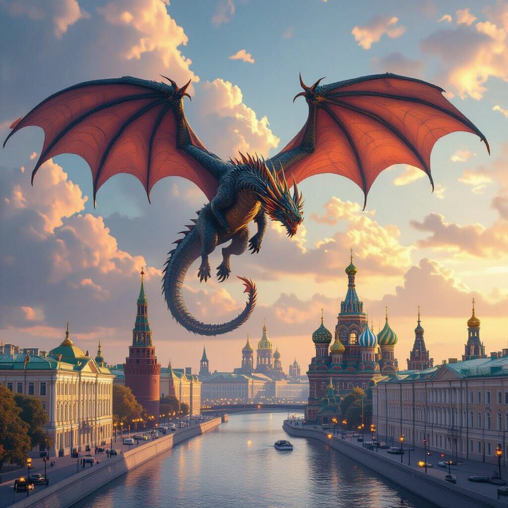 Colossal Dragon Over Saint Petersburg in Fantasy Matte Paint...