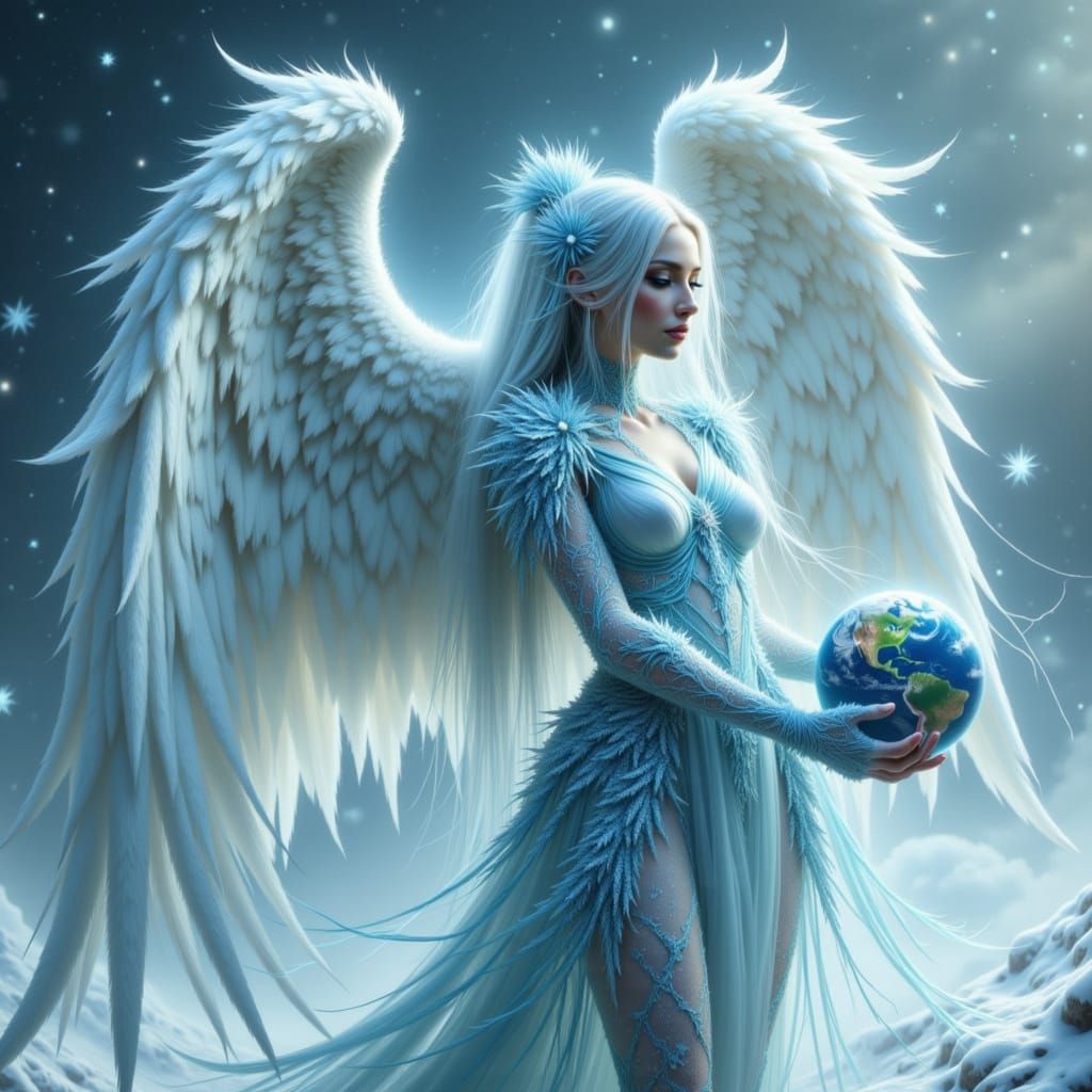 Frost Angel Holding Earth: Digital Painting