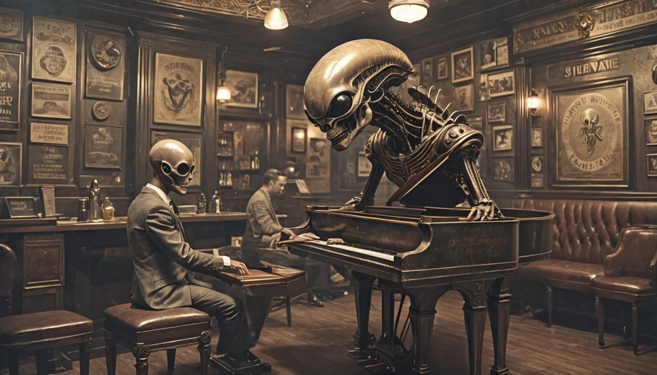 alien playing keys of steinway square grand in 1920s cigar b...