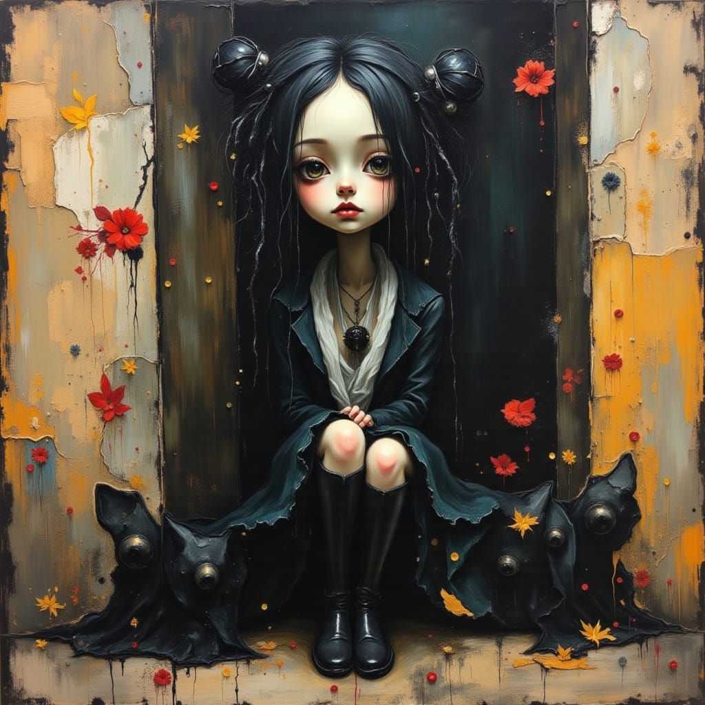 Sad Cartoon Child Alone in Dark Oily Paint