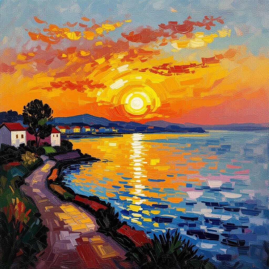Golden Sunrise in Neo-Impressionist Style