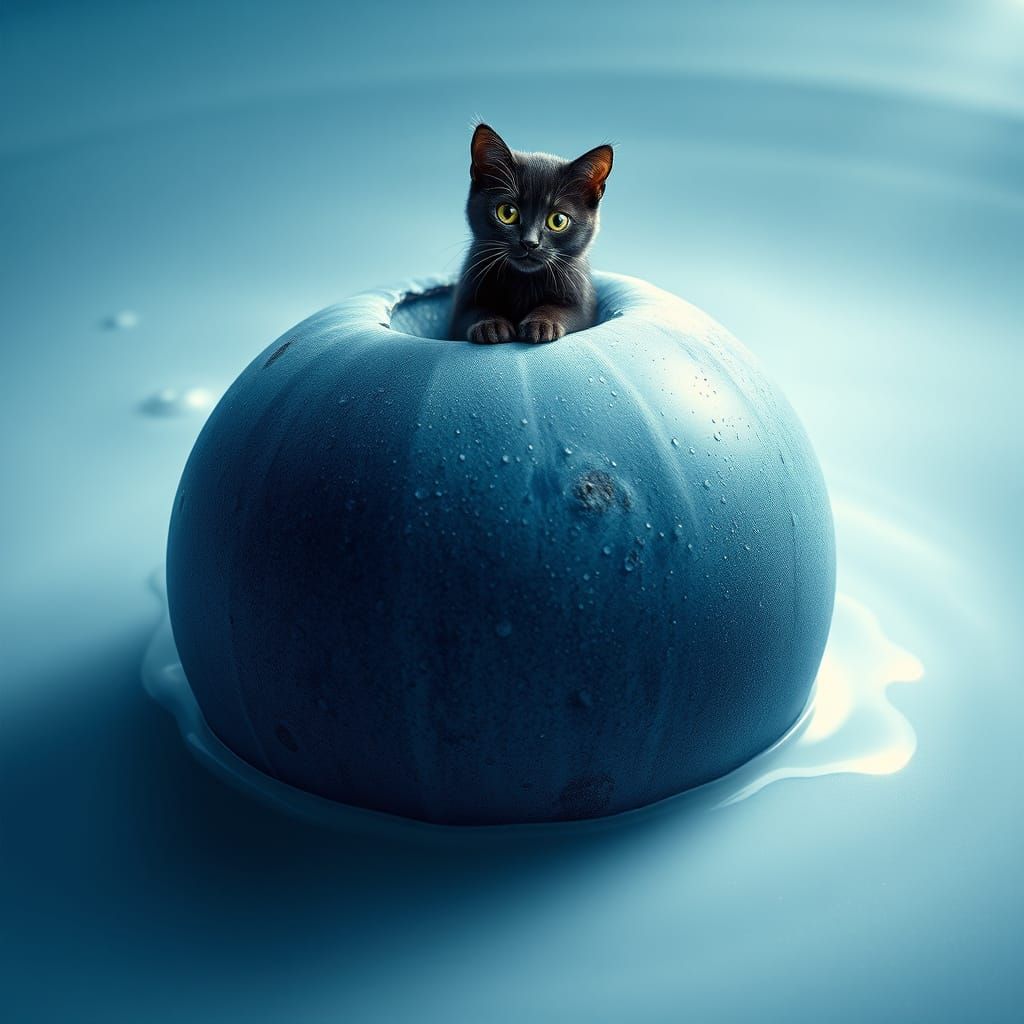 Regal Black Cat on a House-Sized Blueberry in a Sea of Cream...