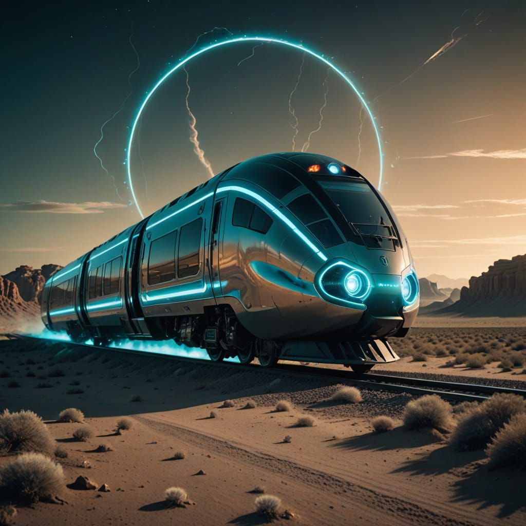 Futuristic Bioluminescent Train to Stargate in Alien Desert