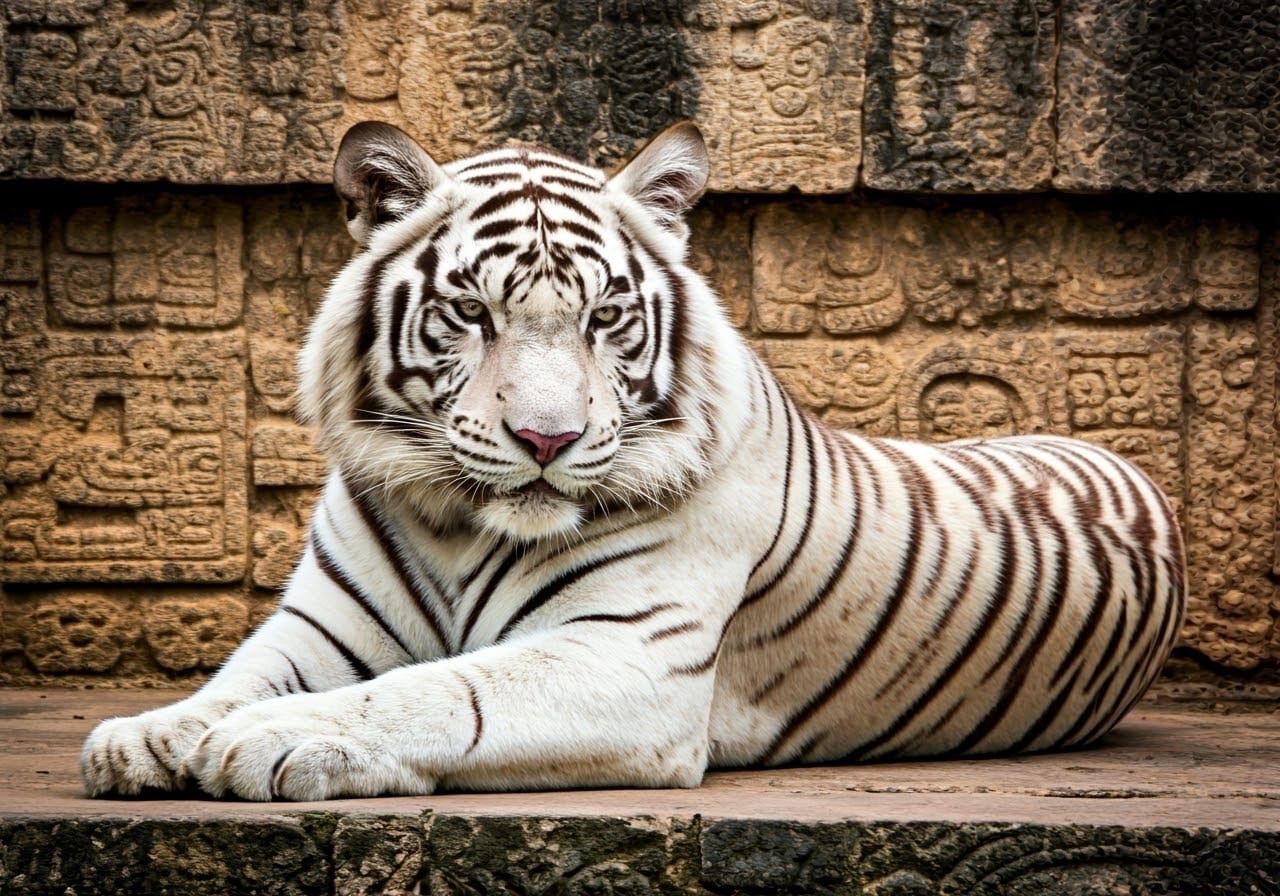 Surreal White Tiger in Ancient Aztec Ruins