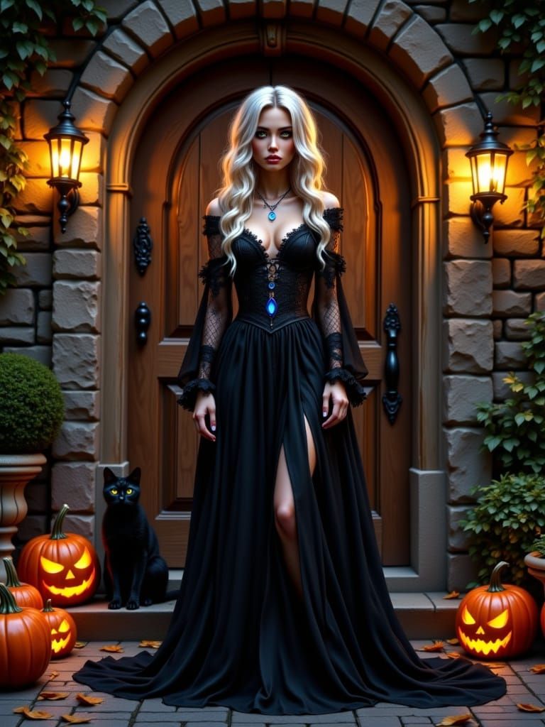 Gothic Elegance: Woman in Black Gown Before Wooden Door