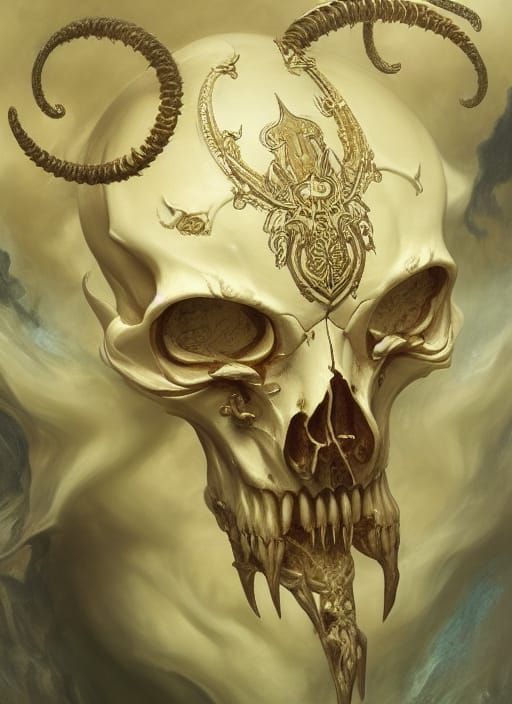 Ornate Ivory Demon Skull Portrait in Hyperrealism Style
