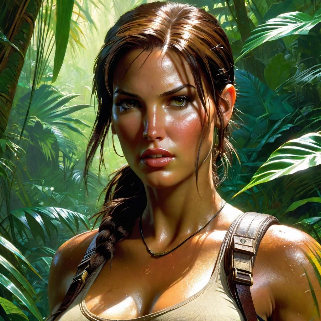 Lara Croft Portrait in Lush Jungle, Detailed Painting