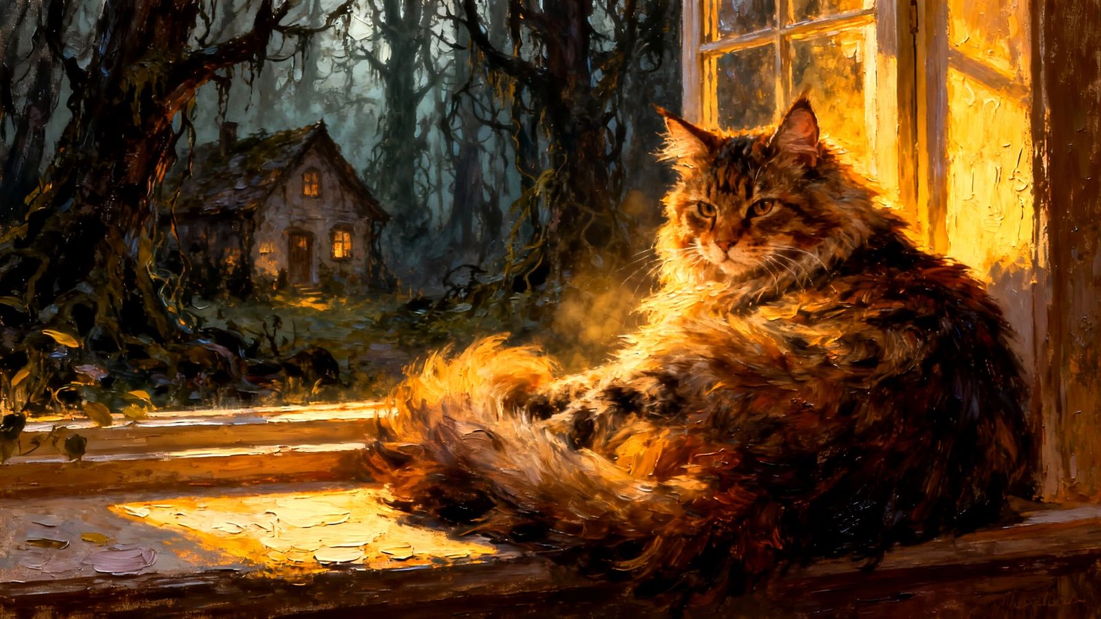 Impasto Oil Painting of a Giant Maine Coon Cat at Golden Hou...