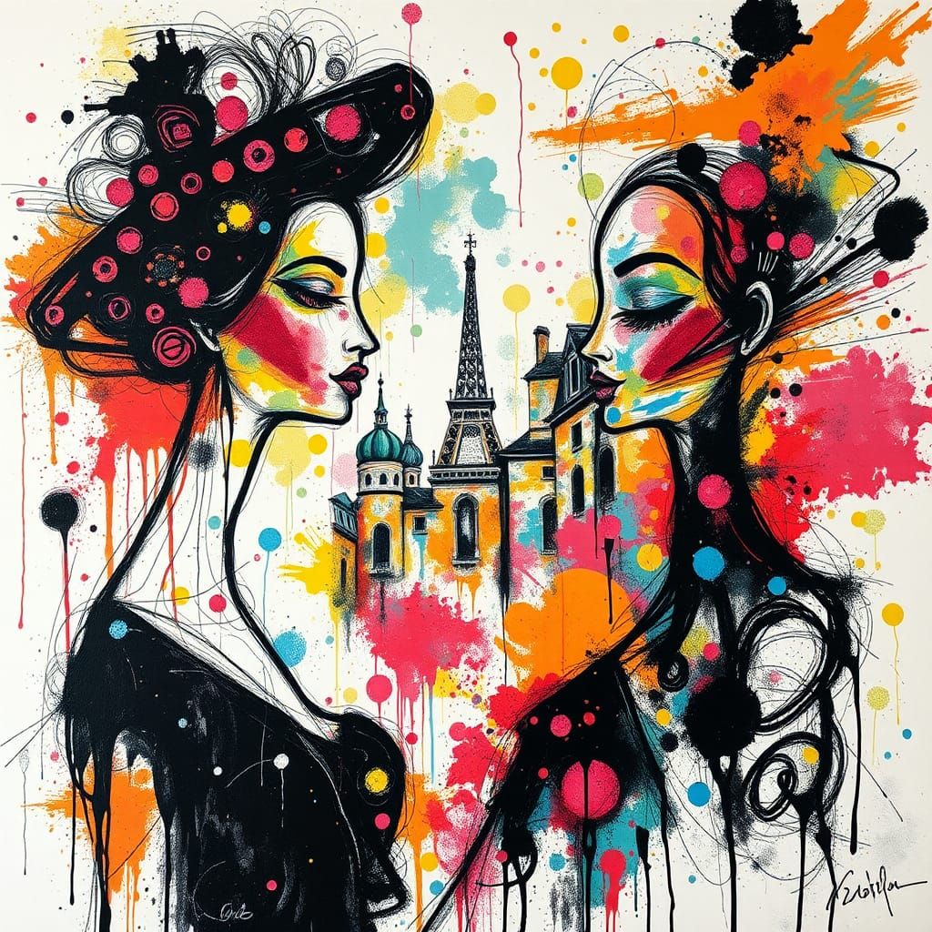 Cubist Cabaret Dancers in Urban Cityscape