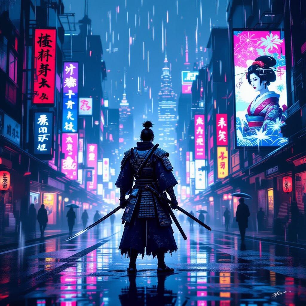 Cyberpunk Samurai in Neon Cityscape