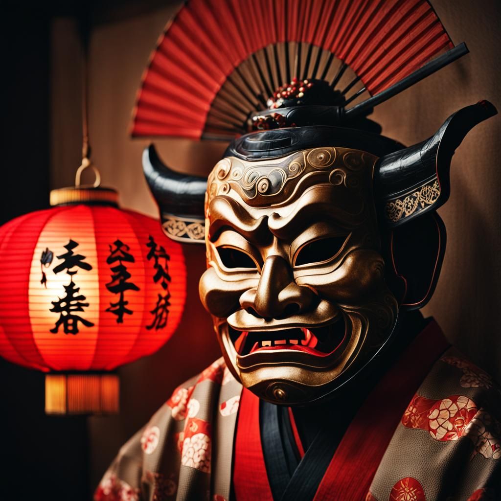High Contrast Oni Mask Portrait in Schoeller Style