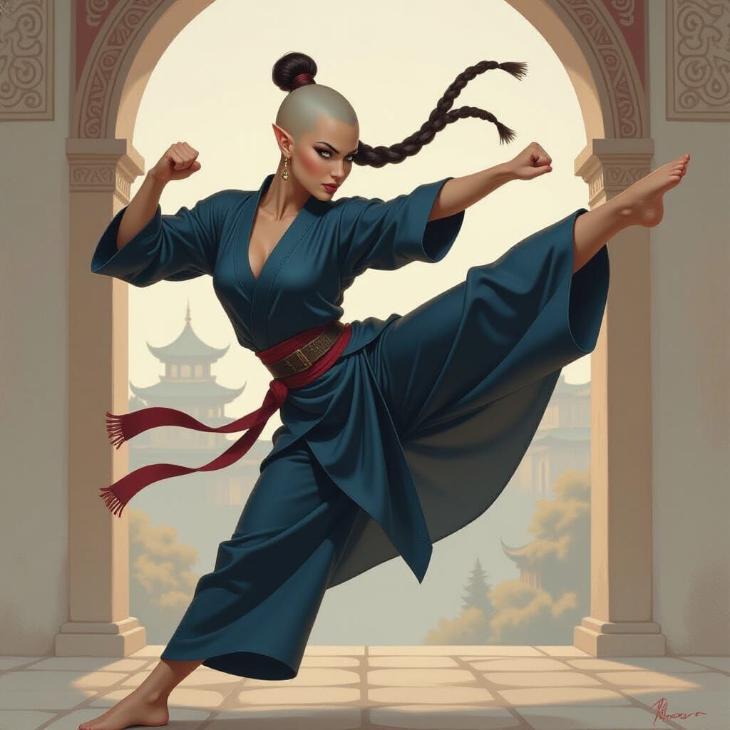 Dynamic Female Elf Monk in Oil Painting Style