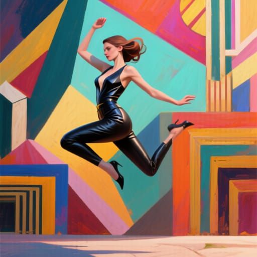 Dynamic Female Model in Cubist Art Deco Style