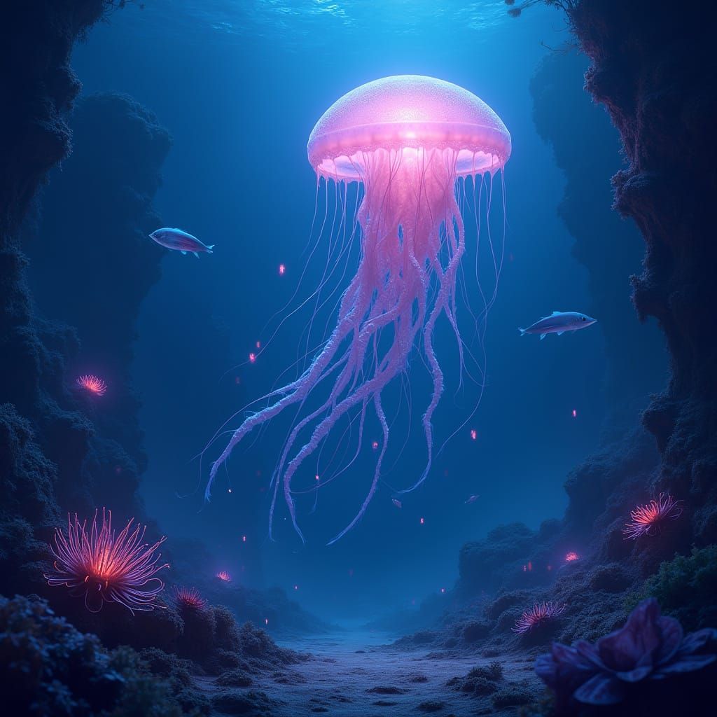 Bioluminescent Jellyfish in Alien Ocean Depths