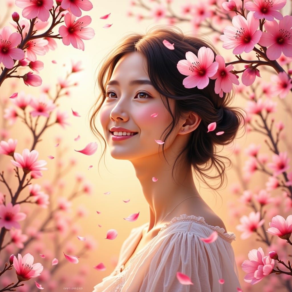 Serene Woman in Whimsical Cherry Blossom Garden
