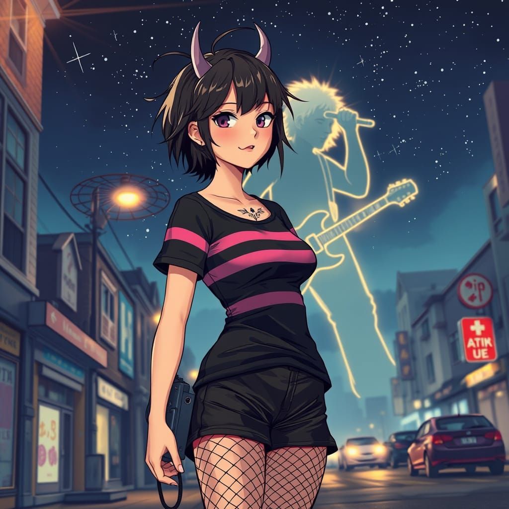 Mysterious Emo Goddess Rockstar Under Starry Night Sky