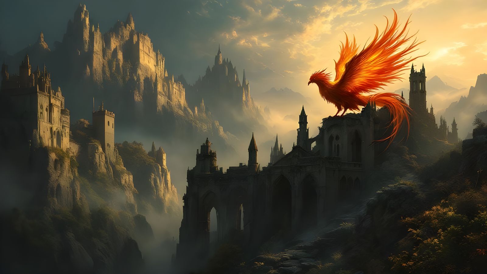 Ethereal Phoenix on Gothic Cathedral in Fantasy Style