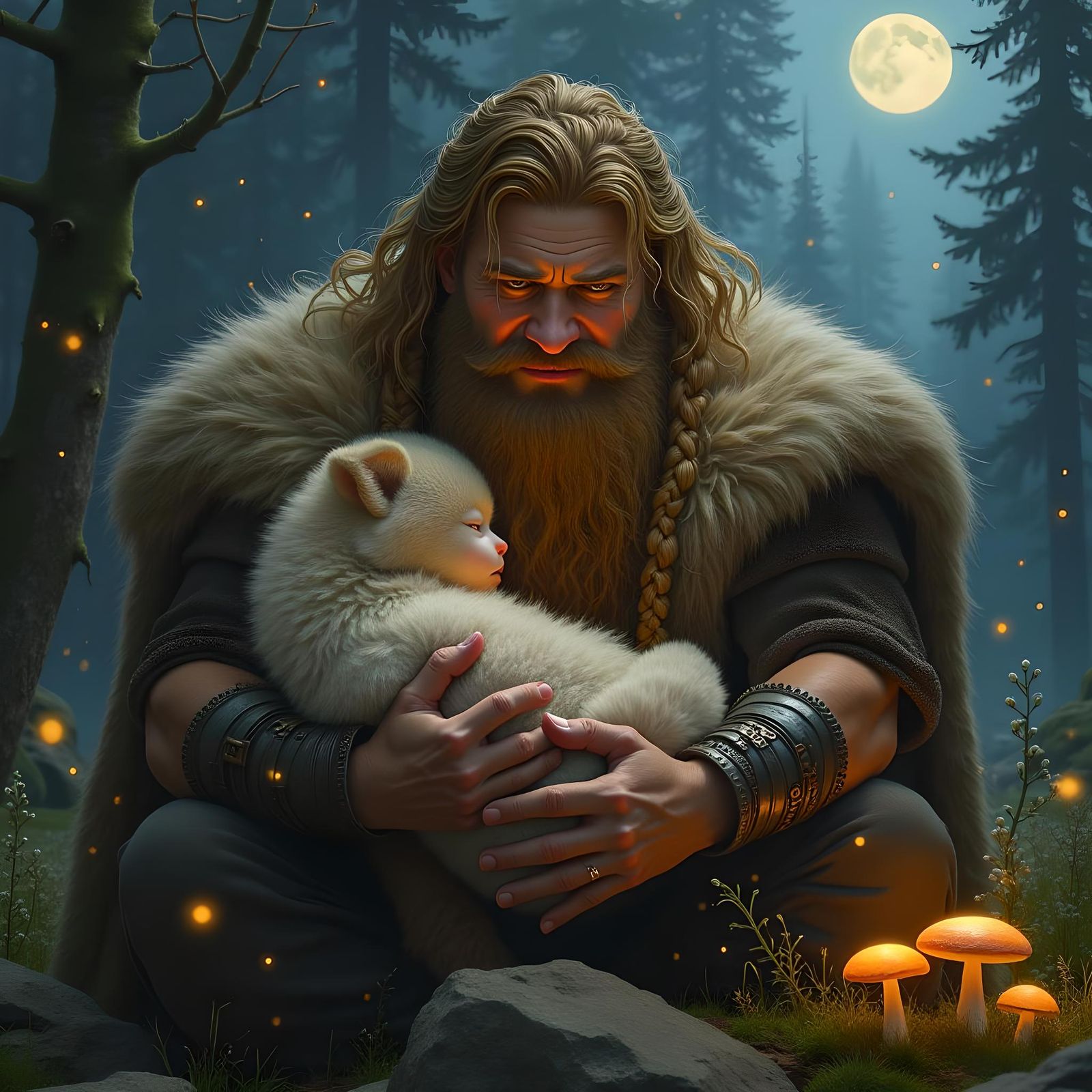 Viking Warrior and Child in Ethereal Forest