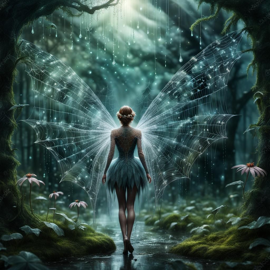 Fairy with Spiderweb Wings in Fantasy Forest