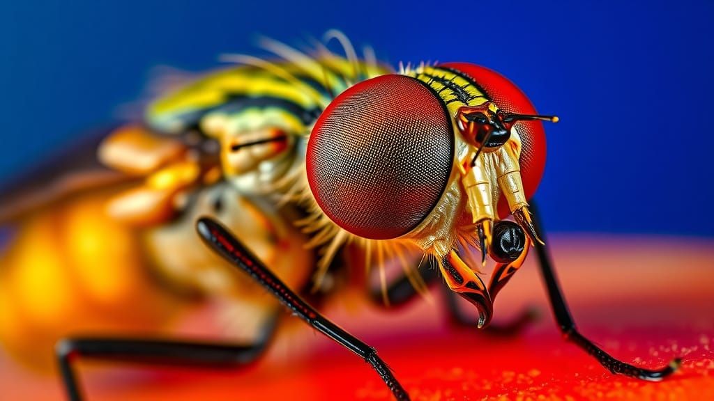 Hyper-Realistic Macro Shot of a Fruit Fly in Vibrant Color