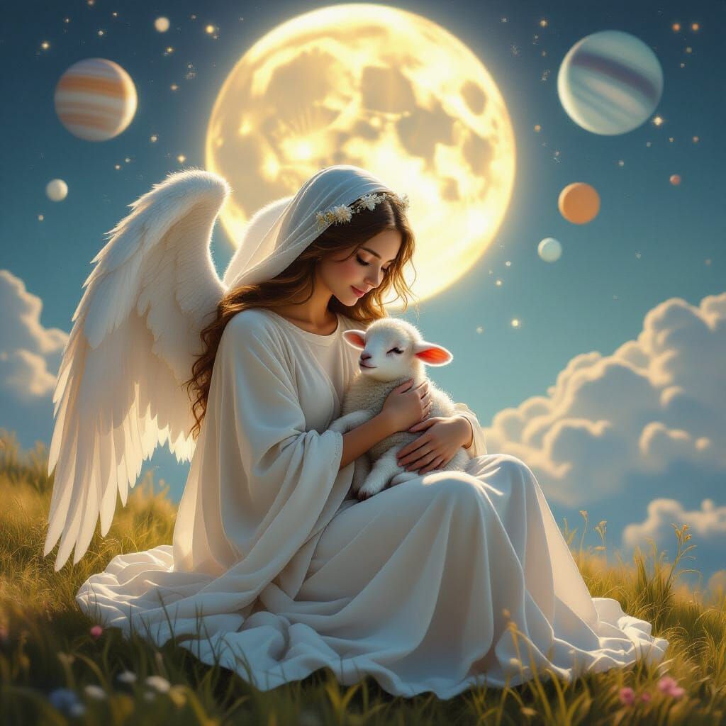 Ethereal Angel with Lamb in Celestial Alignment