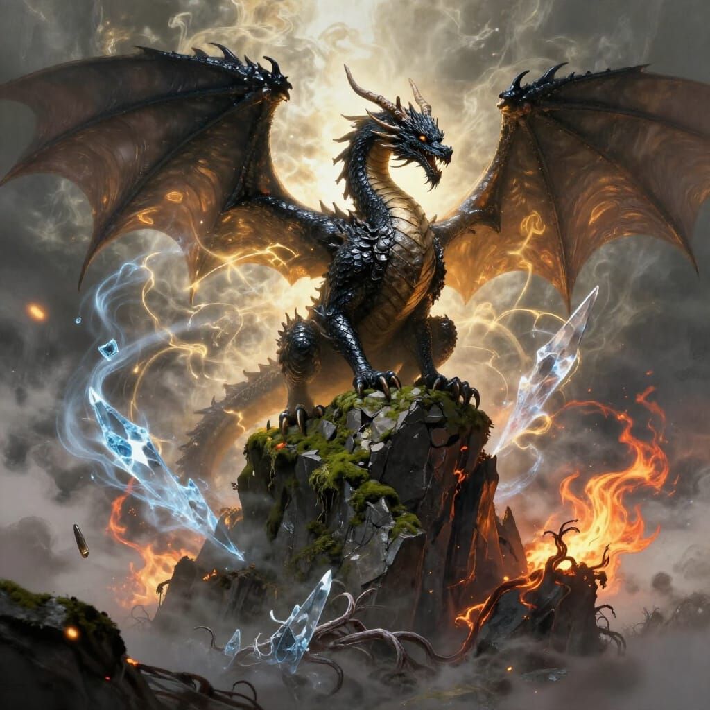 Obsidian Dragon Amidst Elemental Forces