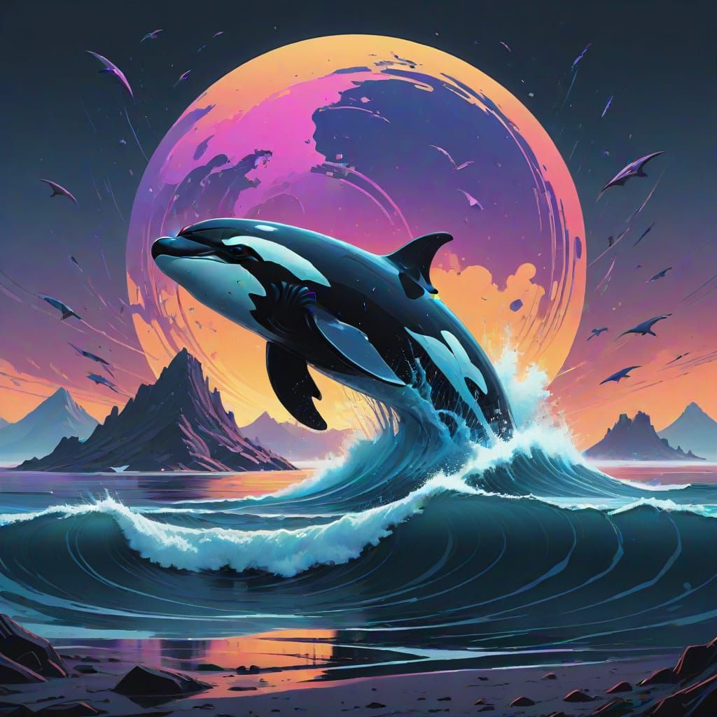 Surreal Oceanic Scene with Breaching Whale in Cyberpunk Styl...