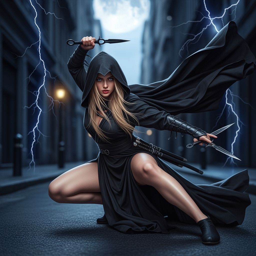 Assassin in Dark Alley During Lightning Storm