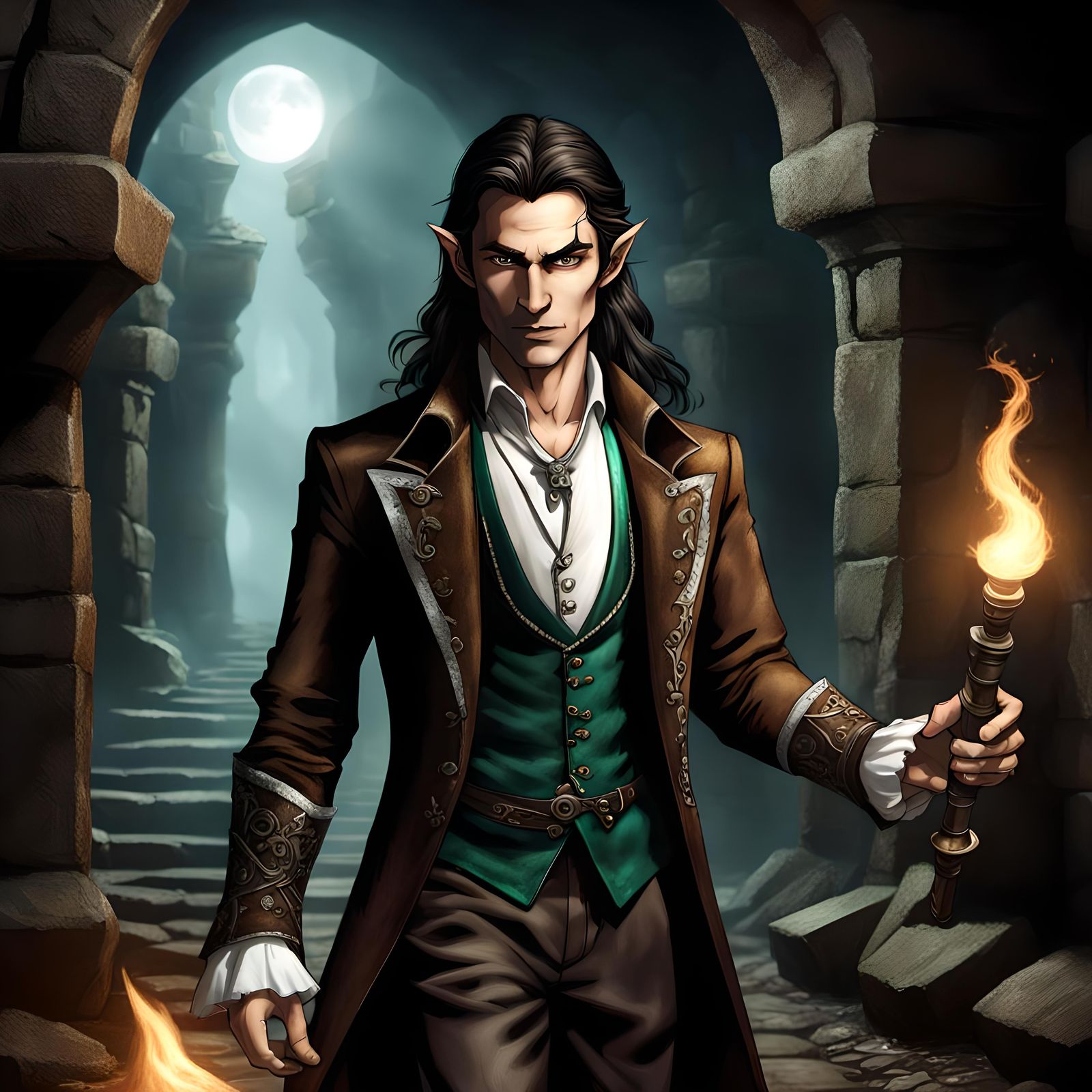 Elegant Male Elf Exploring Catacombs in Victorian Style