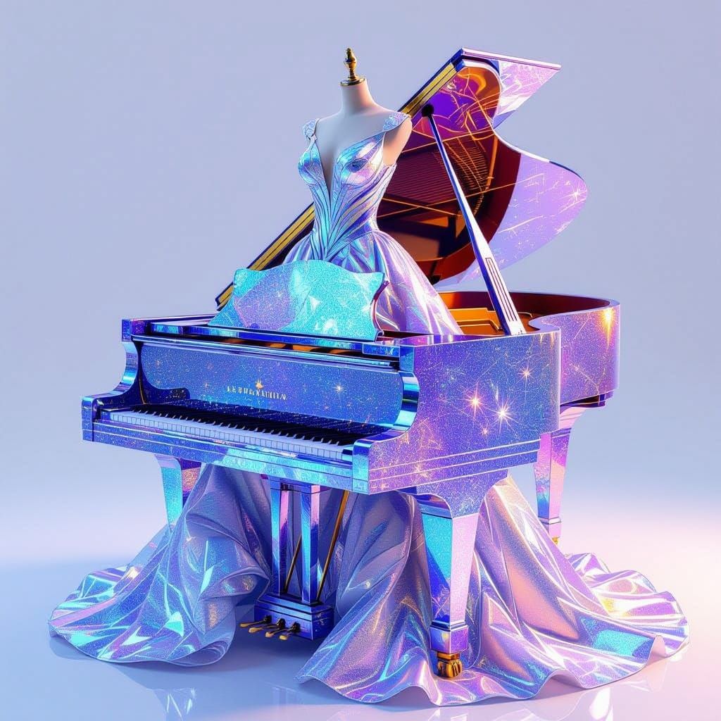 Holographic Piano Dress Celestial Illustration