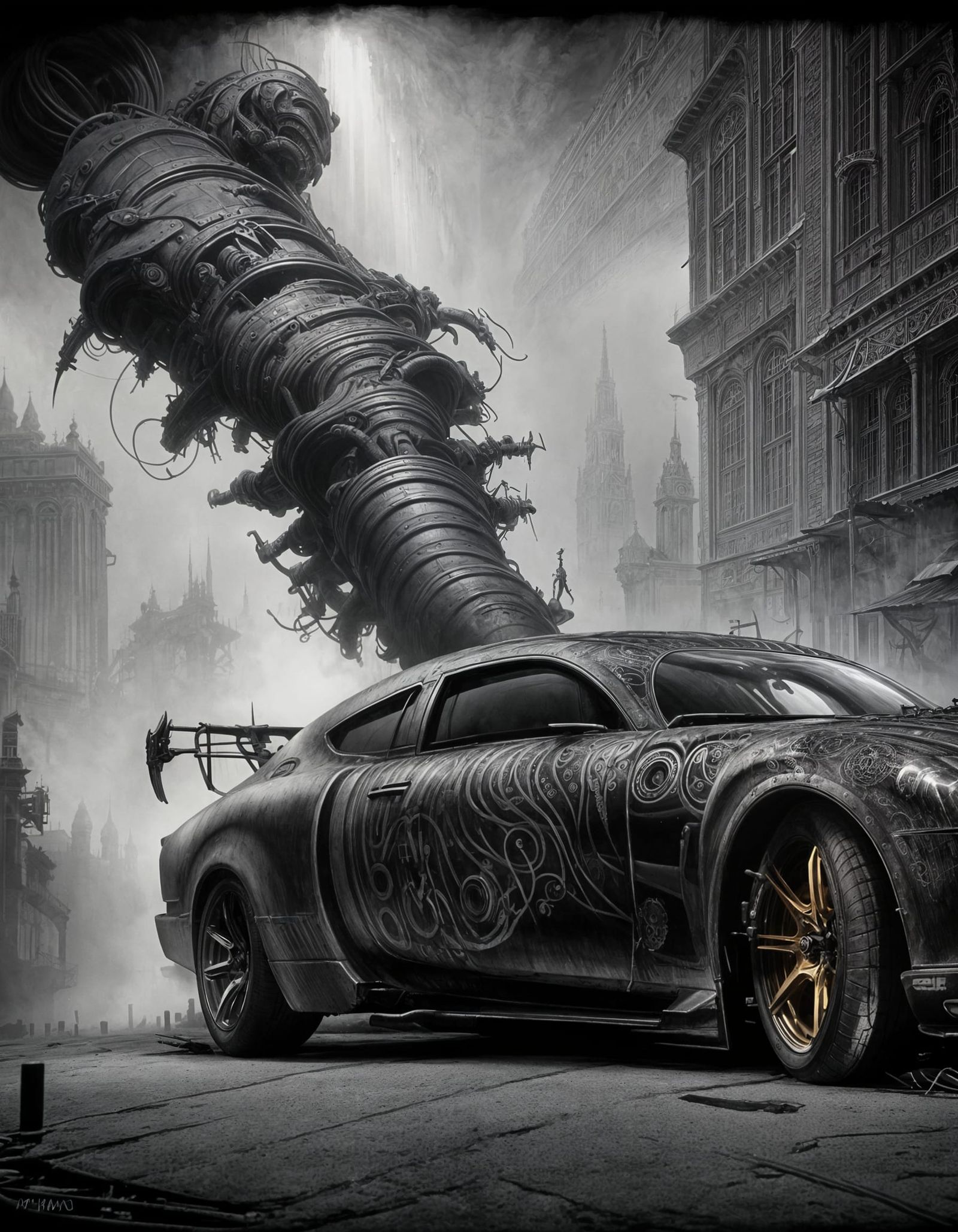 Grayscale Hot-Rod Dragster in Noir Horror Style